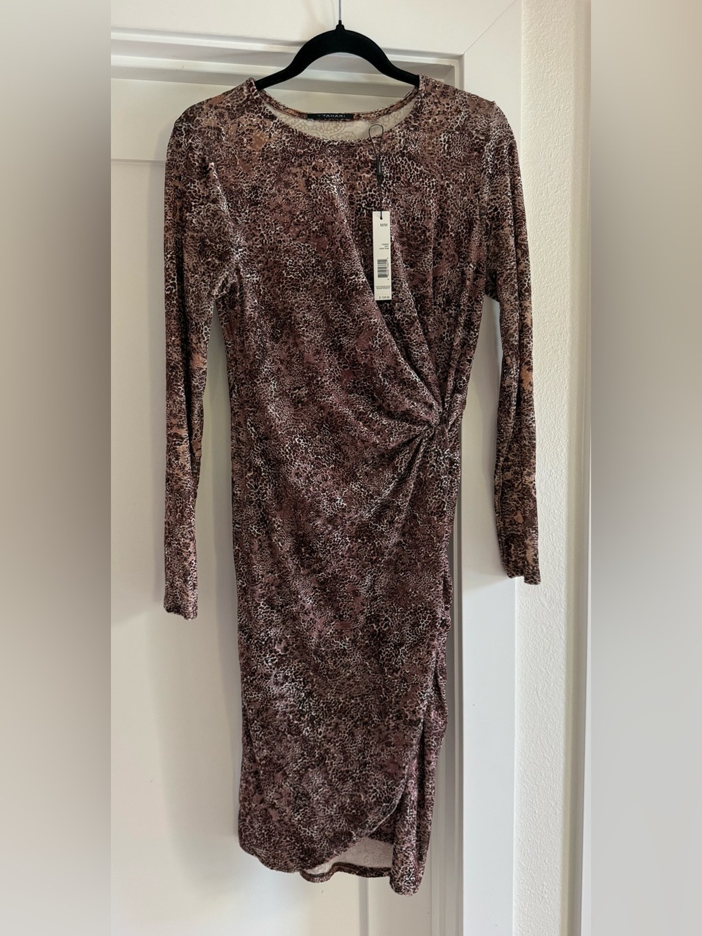 T Tahari Animal Print Ruched Twist Knot Midi Dress M Sandy Dune